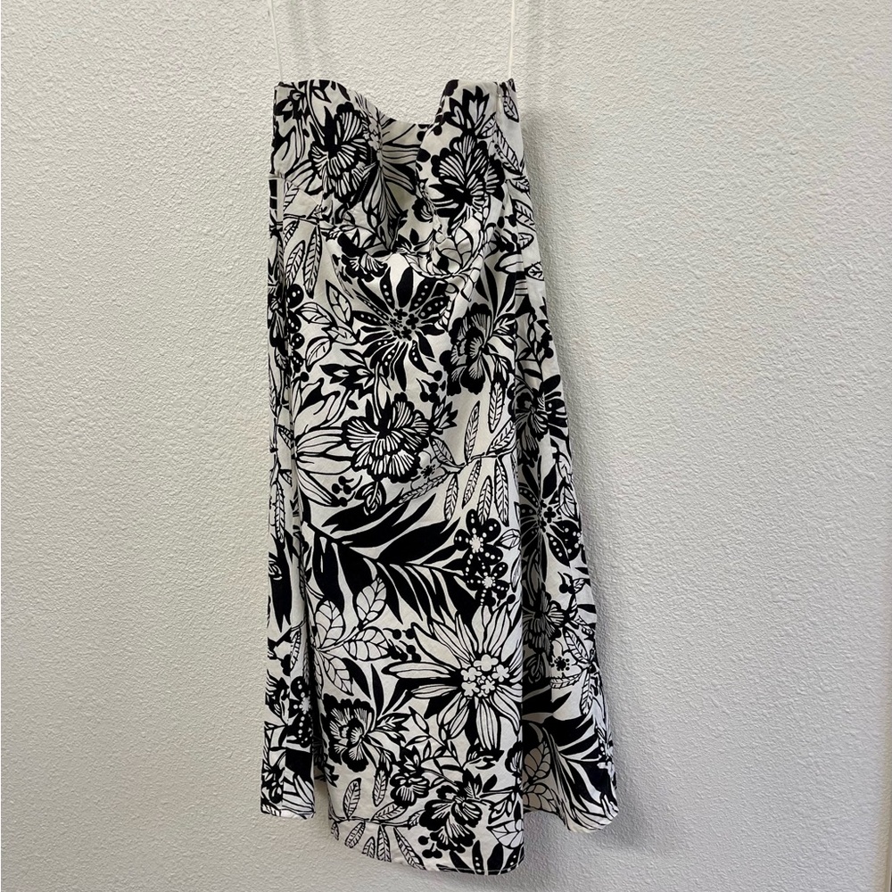 Floral Black and White Strapless Linen Women's Dress Size 6